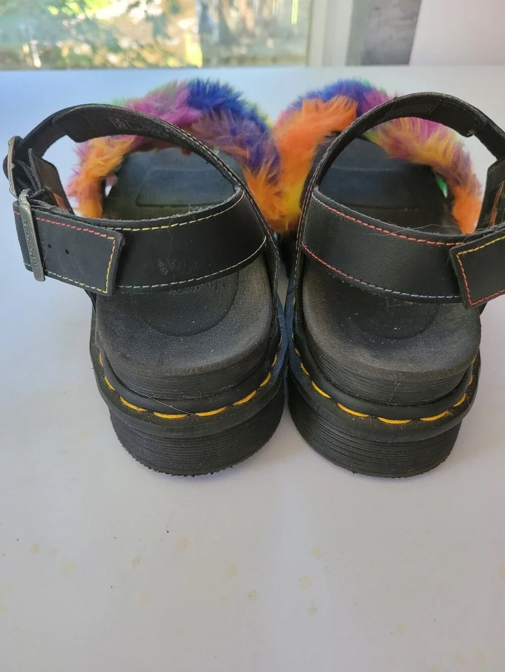 Dr. Martens 10 Black Platform Sandals with Rainbow Faux Fur Straps